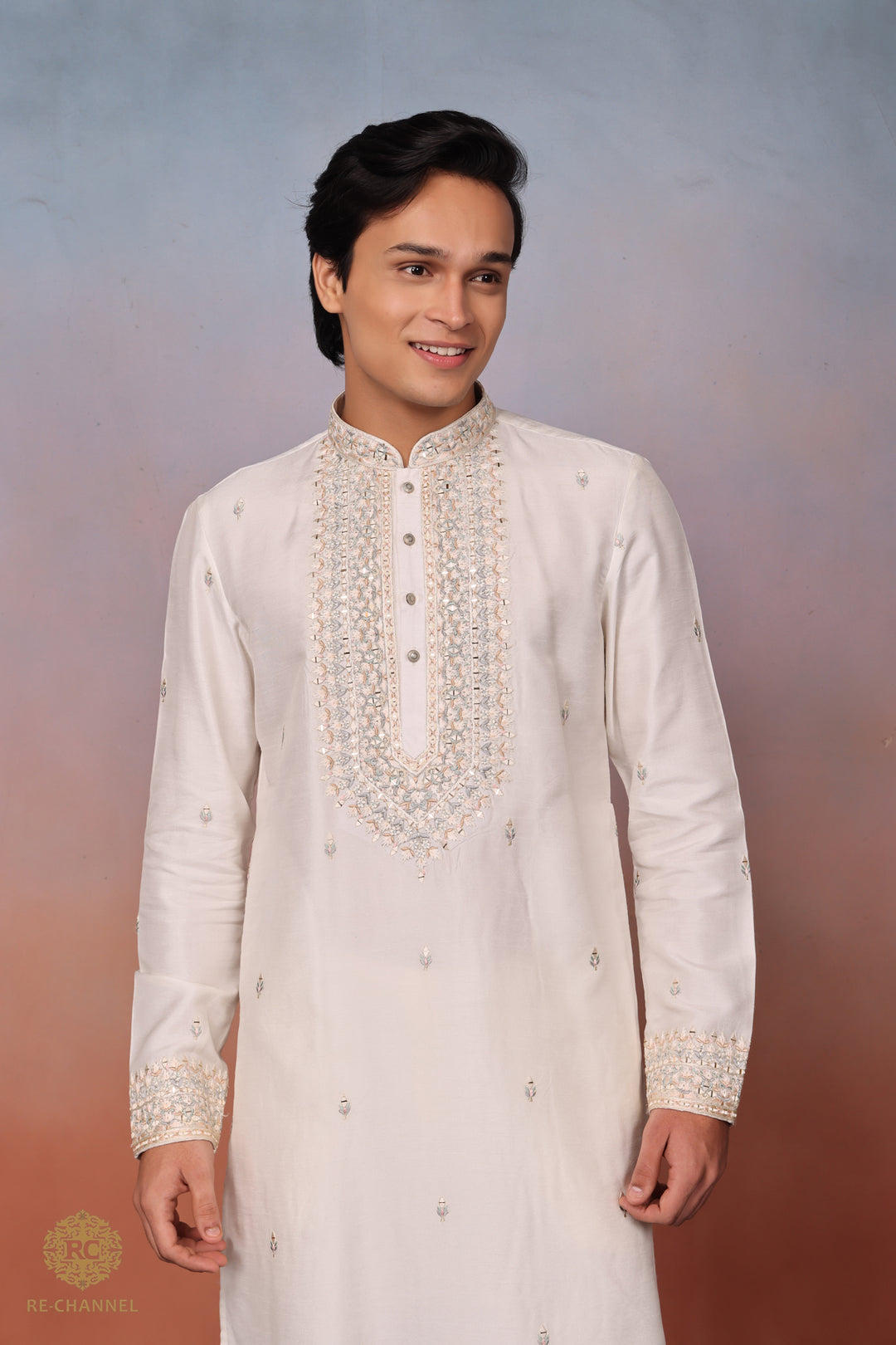 White silk mirror work kurta dupatta set