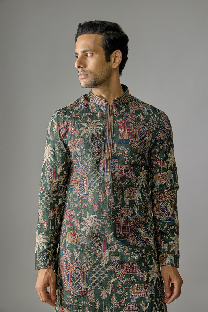 Dark Olive Zari Kurta Set