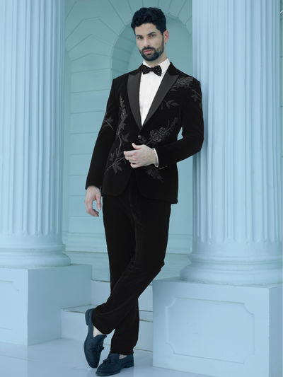 Opulent Black Floral Velvet Suit