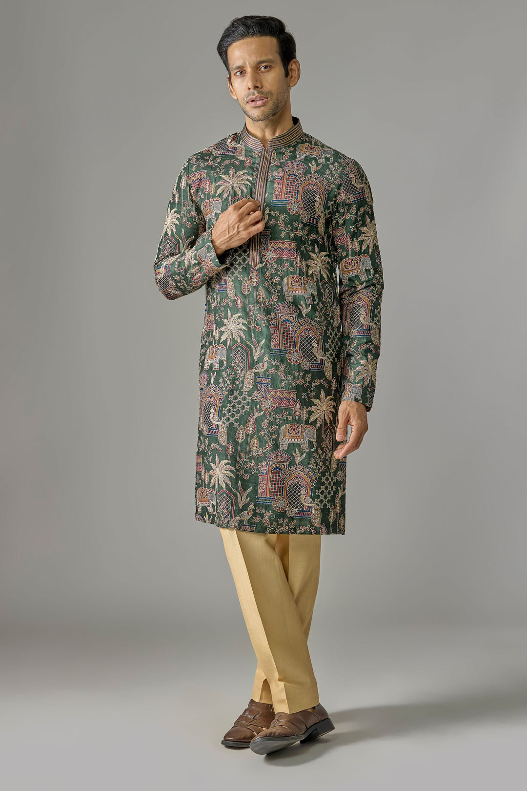 Dark Olive Zari Kurta Set
