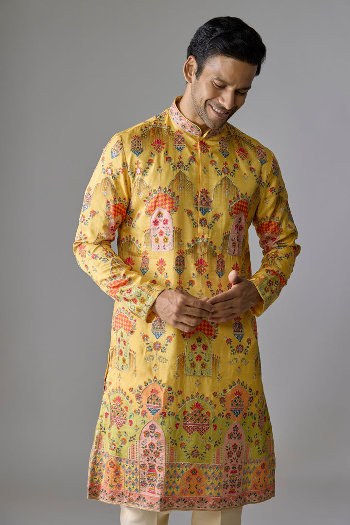 Yellow Printed Zari Kurta Set