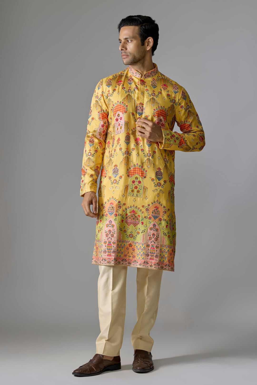 Yellow Printed Zari Kurta Set
