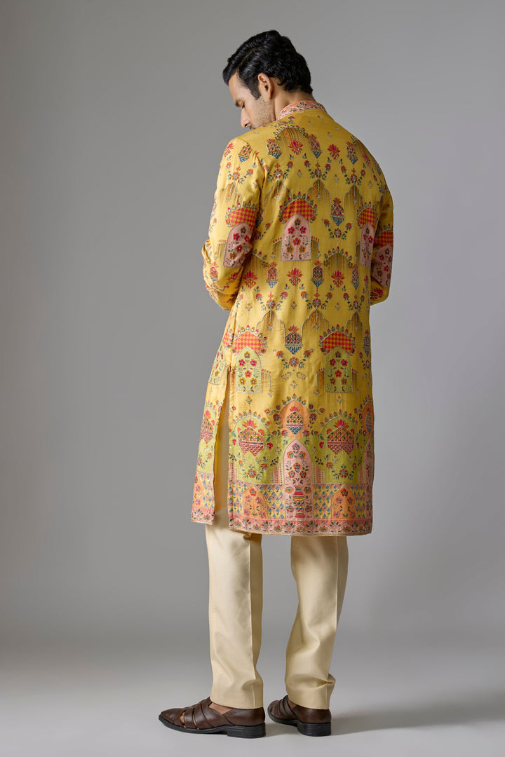 Yellow Printed Zari Kurta Set