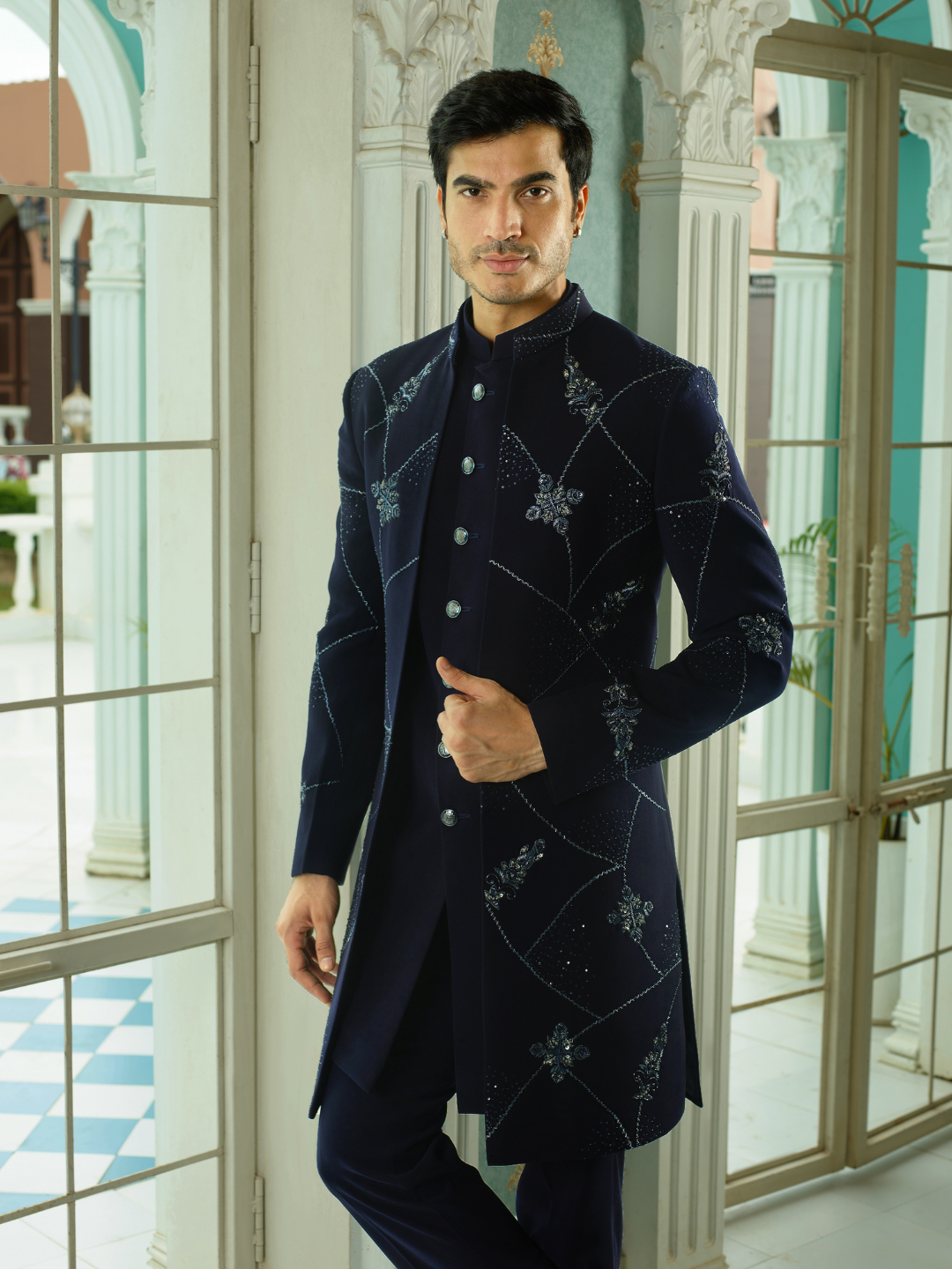 Navy Blue Abstract Embellished Indo-Western