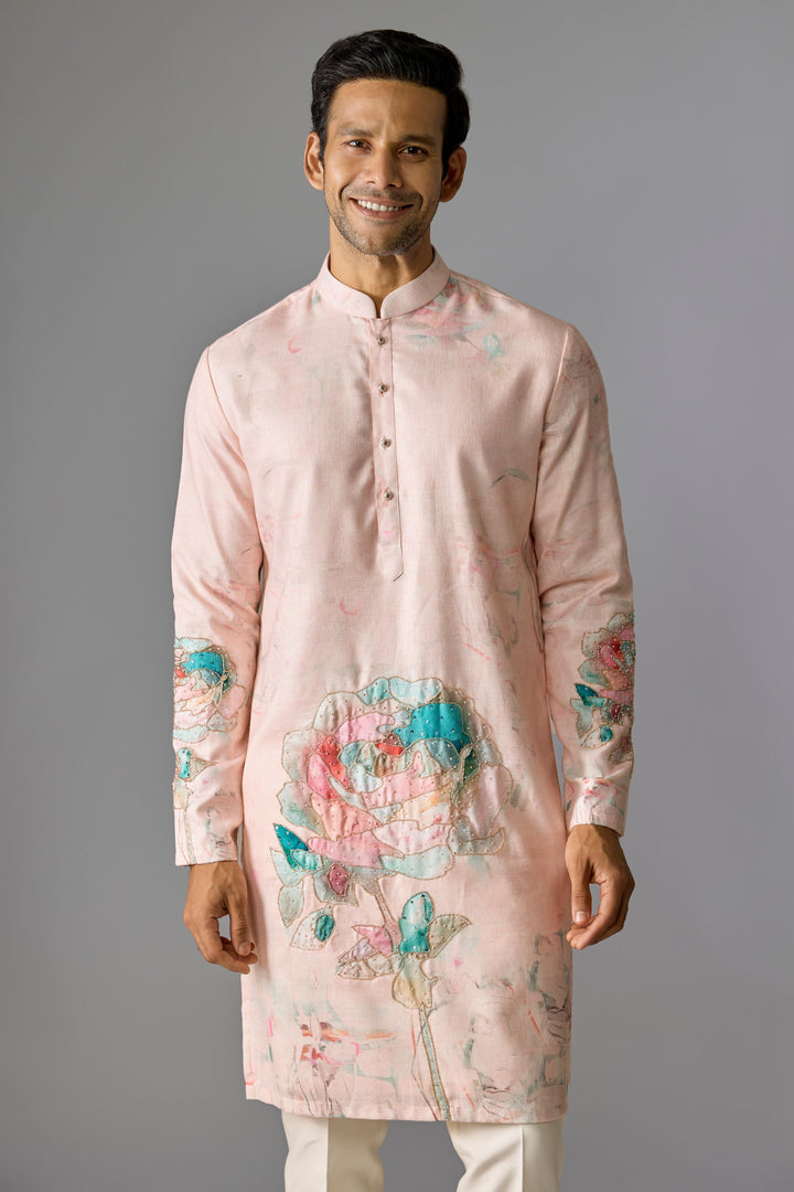 Peach Silk Embellished Kurta Set