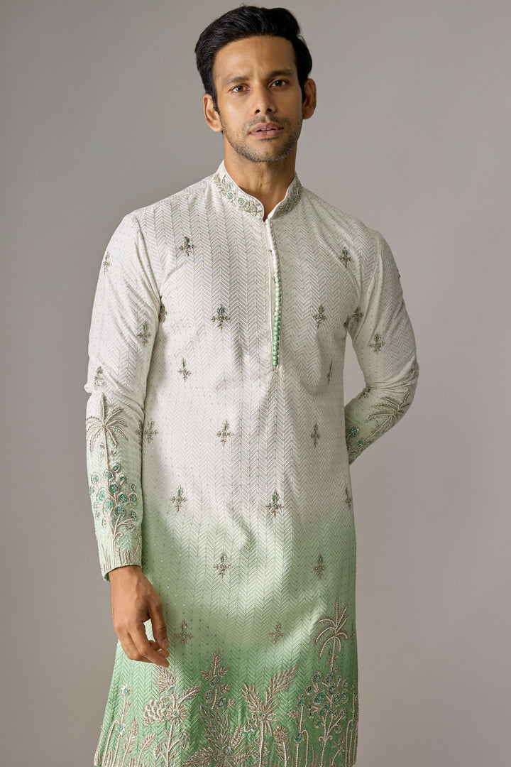 White Green Zari Kurta Set