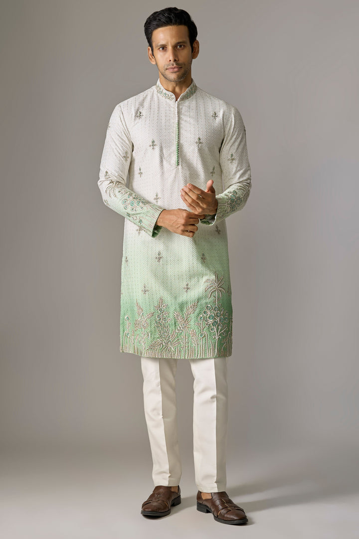 White Green Zari Kurta Set