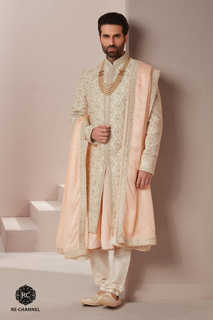 Light Gold Silk Sherwani in Symmetric Motifs