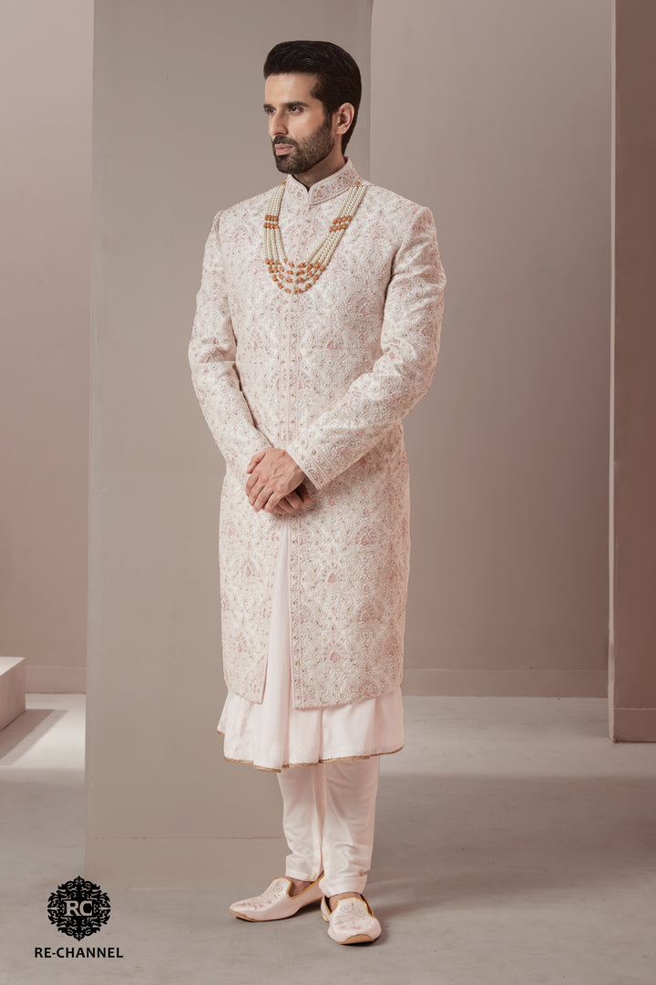 Light Pink Silk Sherwani in Floral Motifs