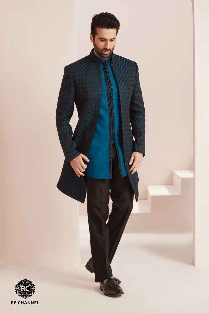 Teal Blue Embroidered Indo-Western