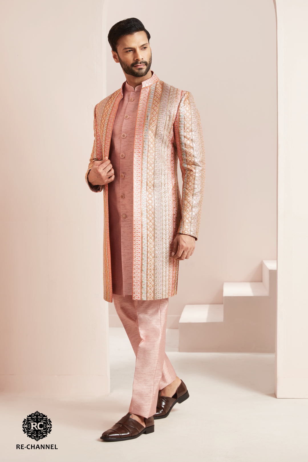 Peach Embroidered Indo-Western with open Kurta