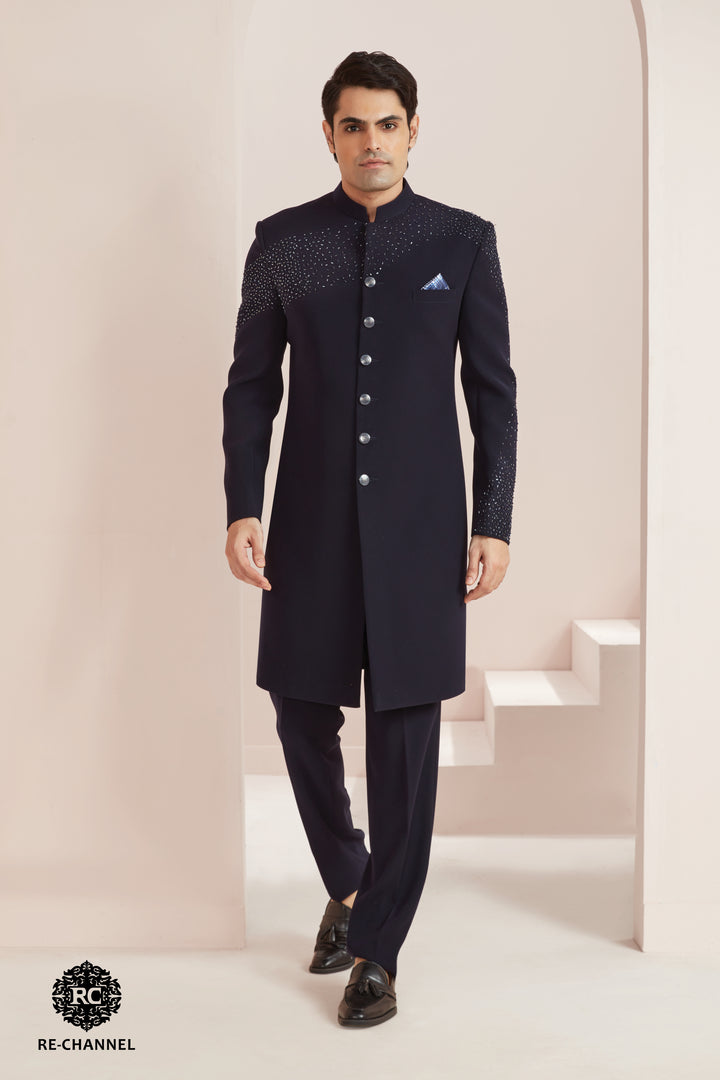 Navy Blue Indo-Western with Abstract Embellishments