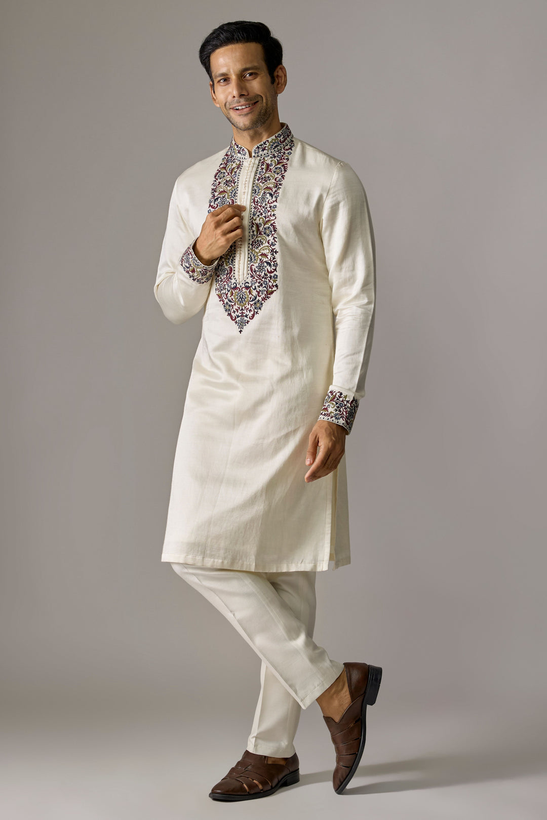 Cream Zari Slub Kurta Set