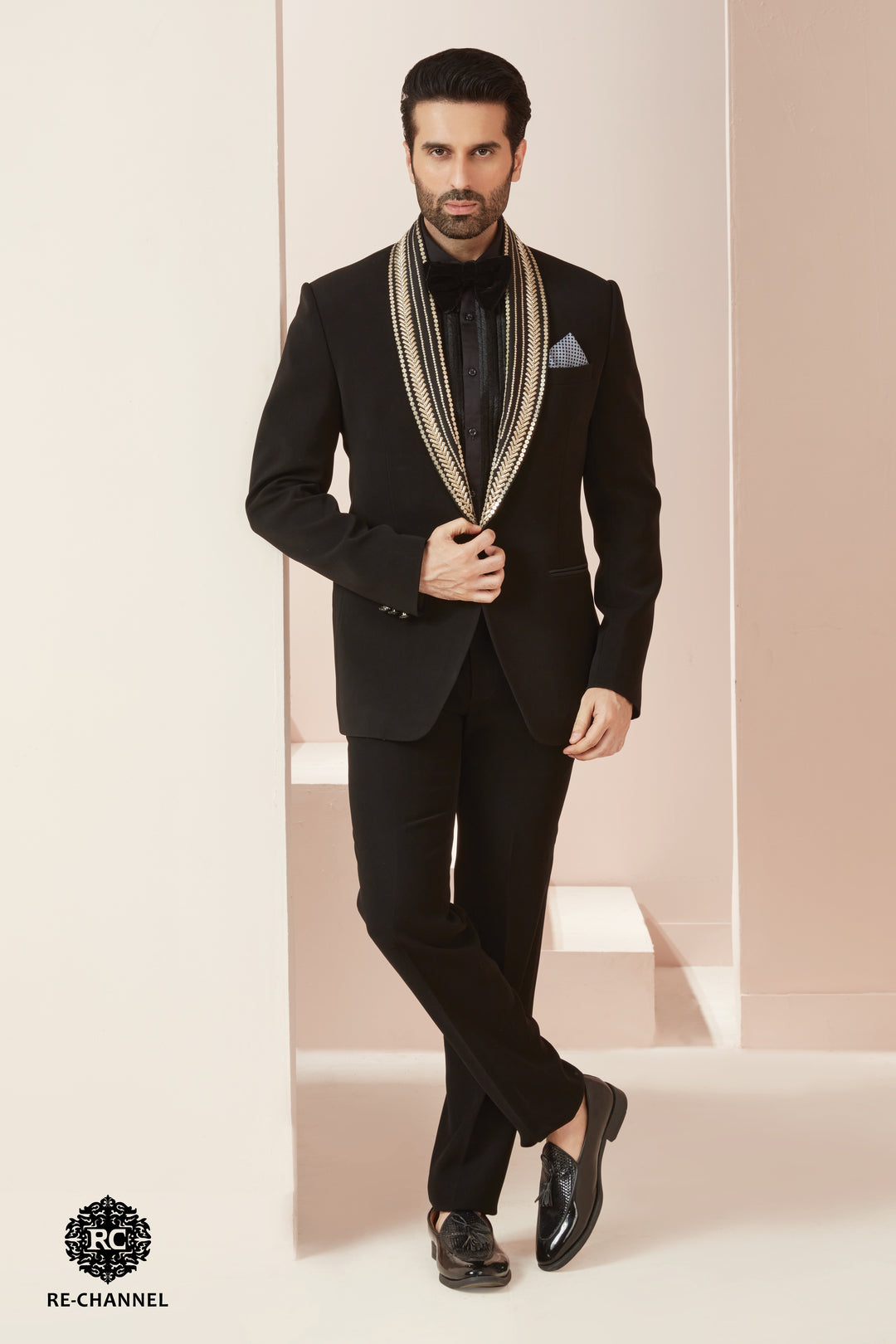 Black Suit with Embroidered Lapel