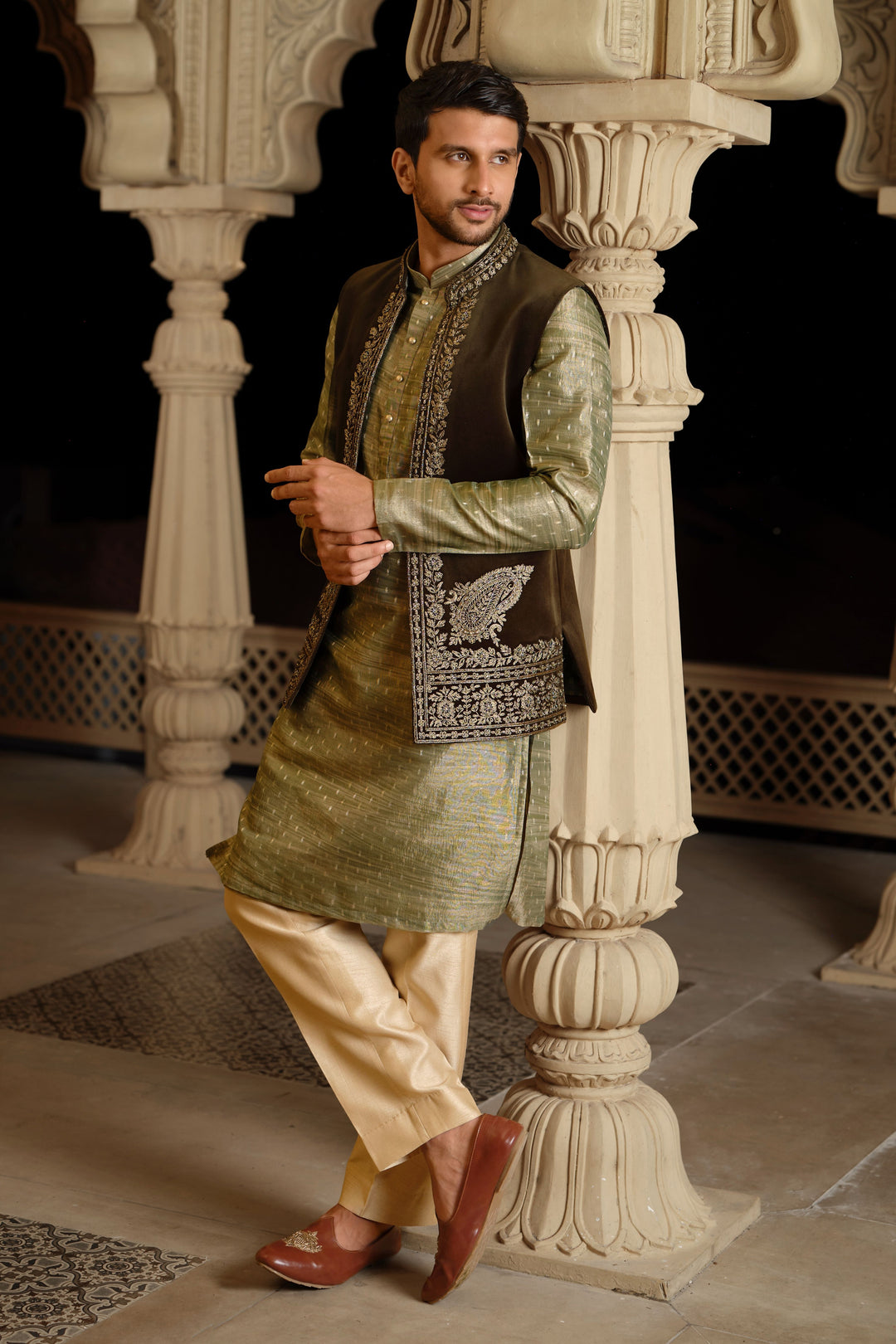 Forest Green Accent Bundi Kurta