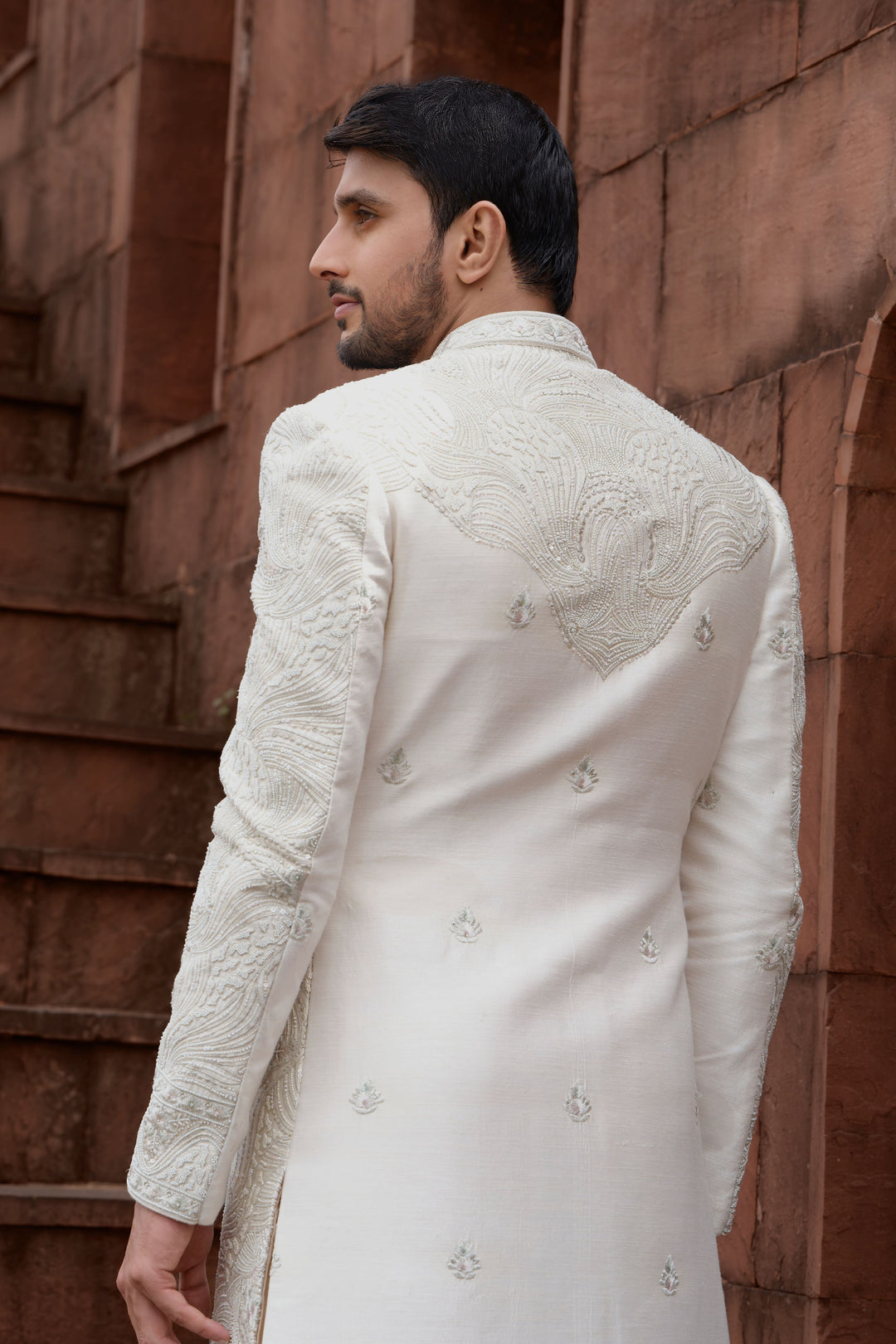 Peach Handcrafted Silk Sherwani