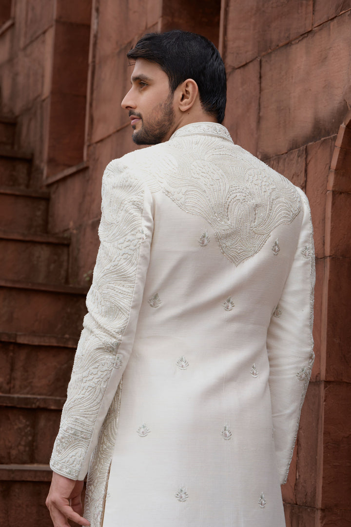Peach Handcrafted Silk Sherwani