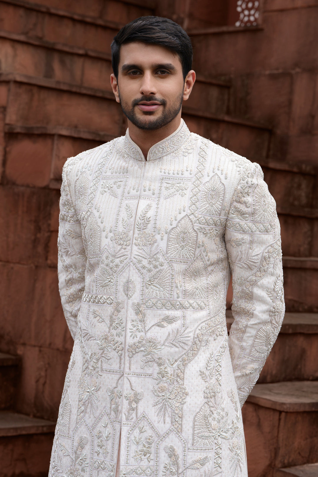 Peach Handcrafted Silk Sherwani