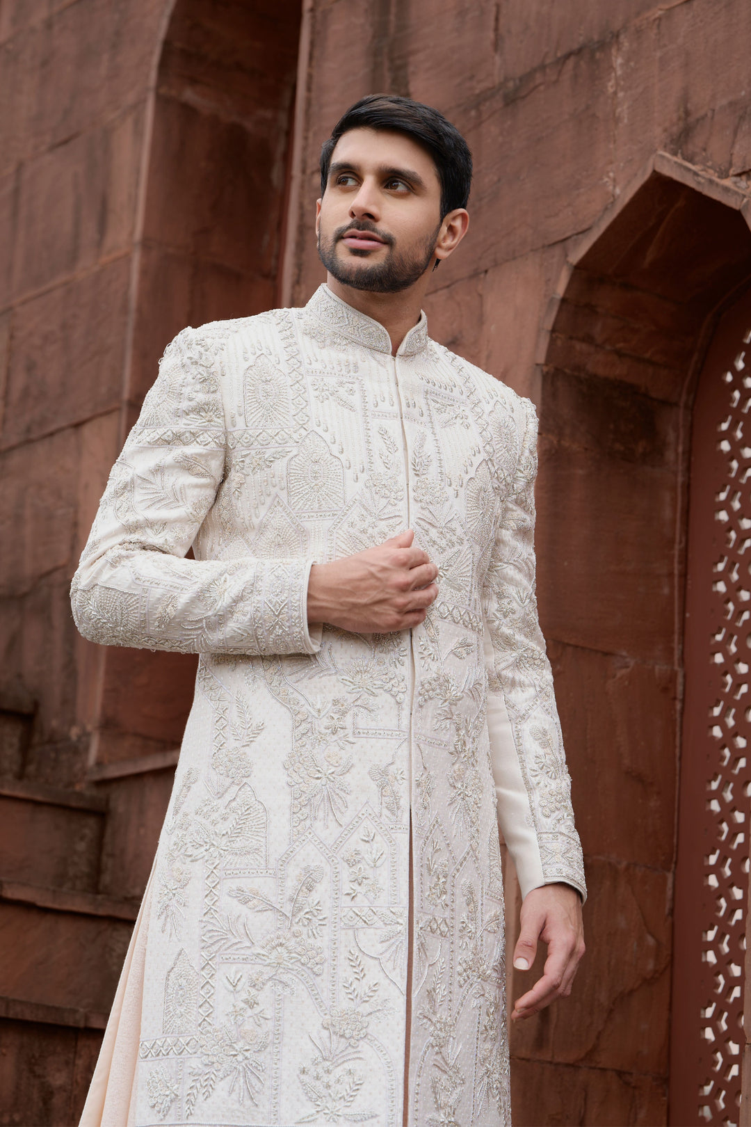 Peach Handcrafted Silk Sherwani