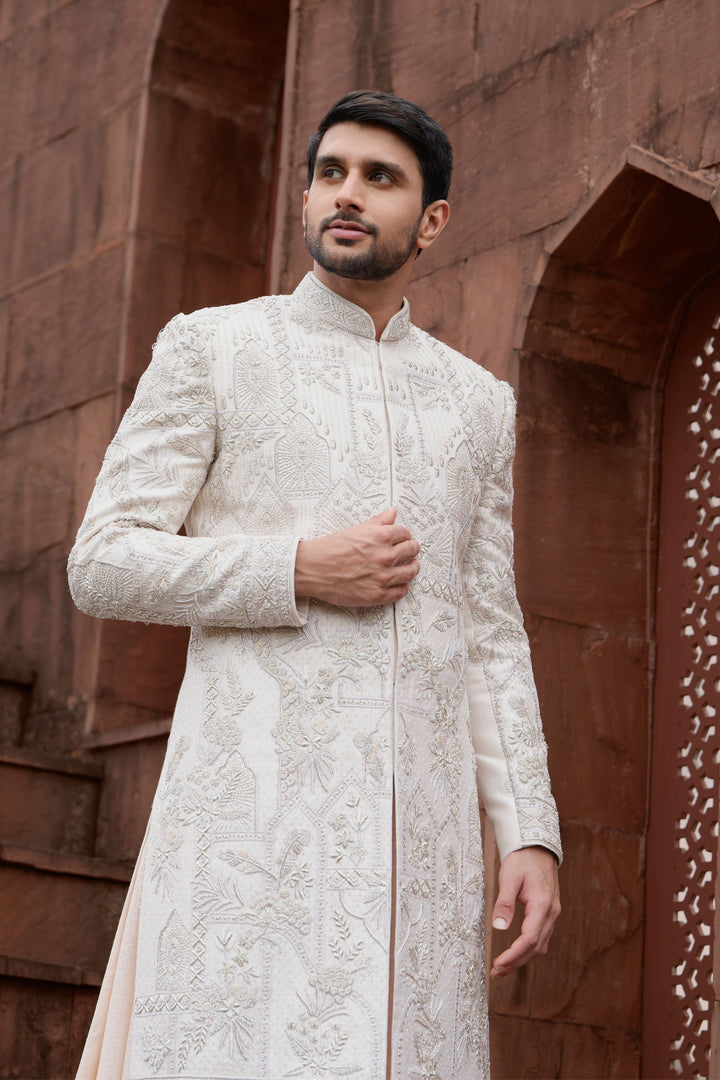 Peach Handcrafted Silk Sherwani