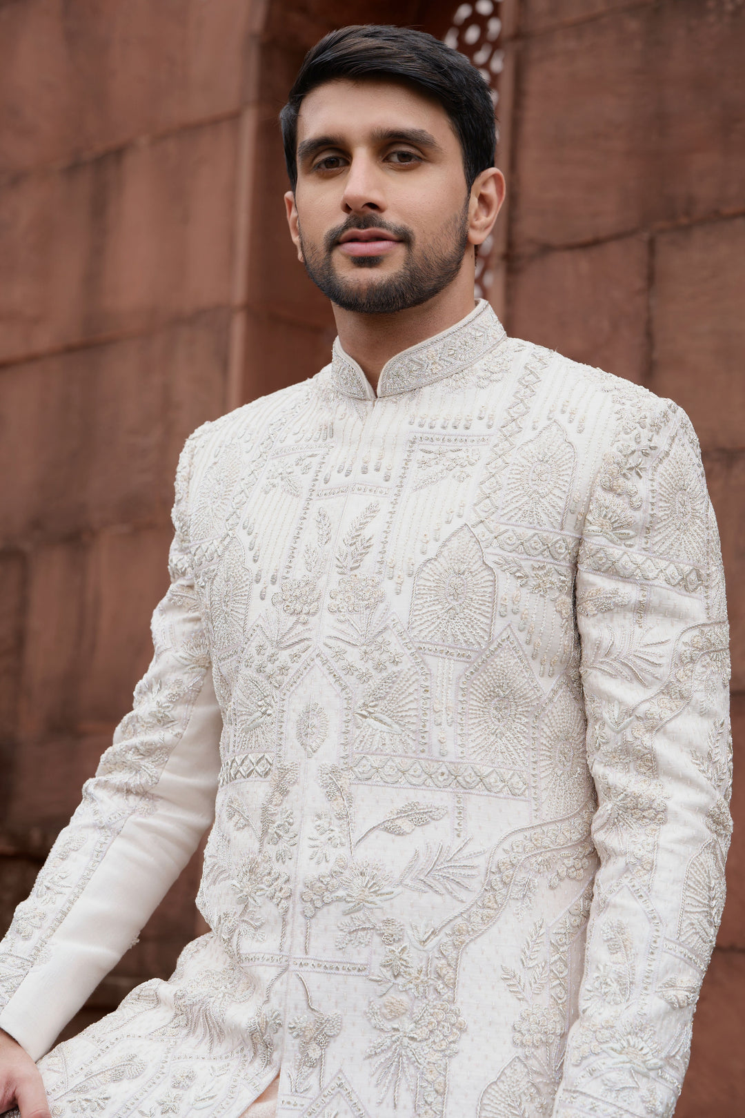 Peach Handcrafted Silk Sherwani