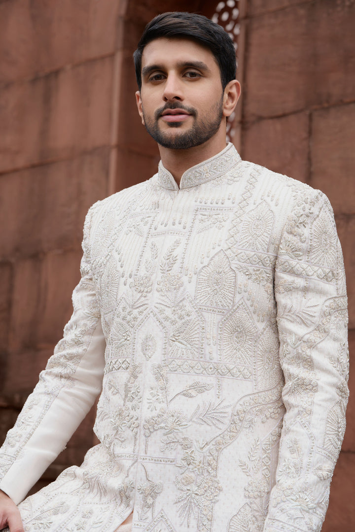 Peach Handcrafted Silk Sherwani