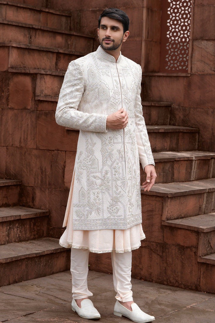 Peach Handcrafted Silk Sherwani