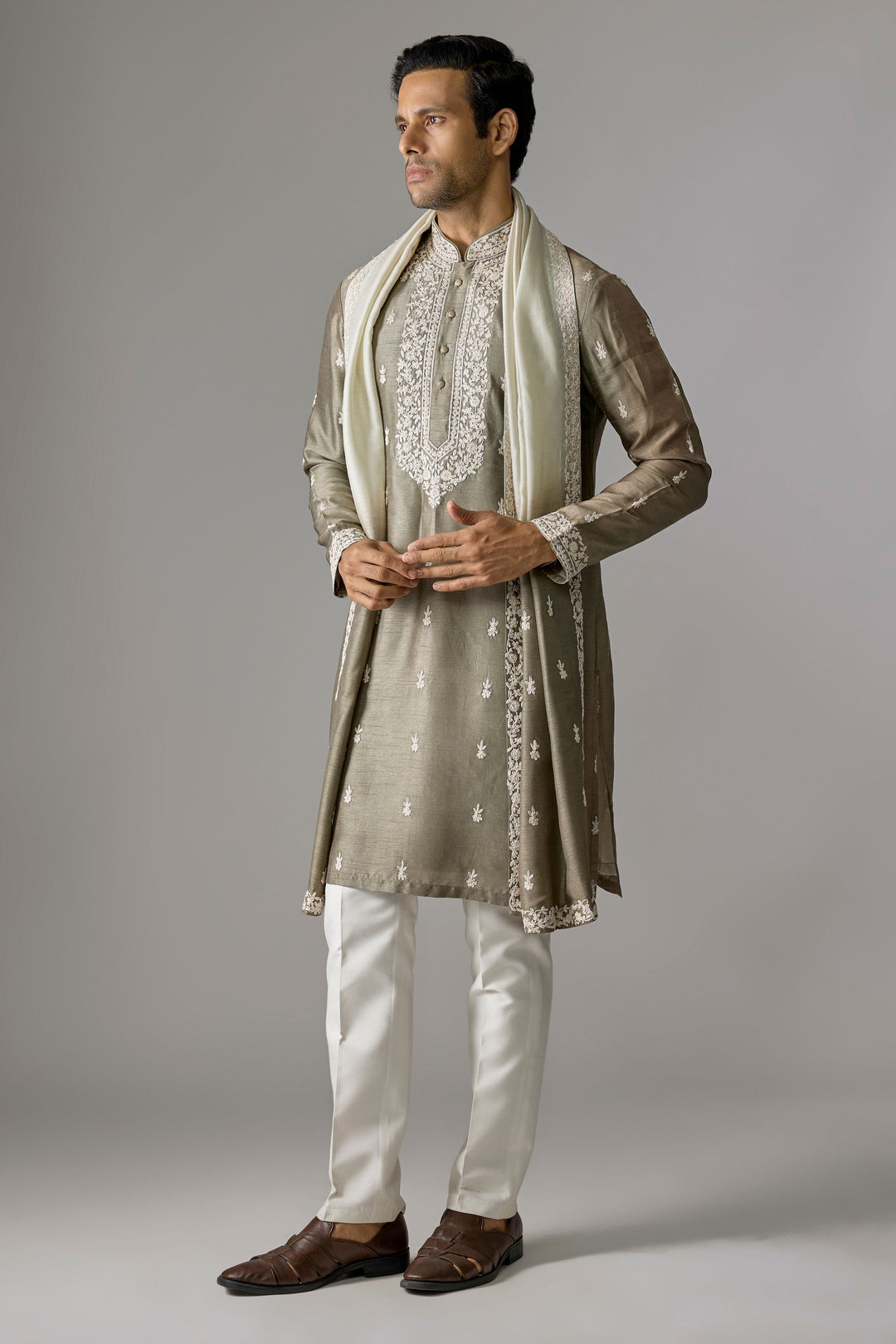 Grey Green Thread Kurta Set