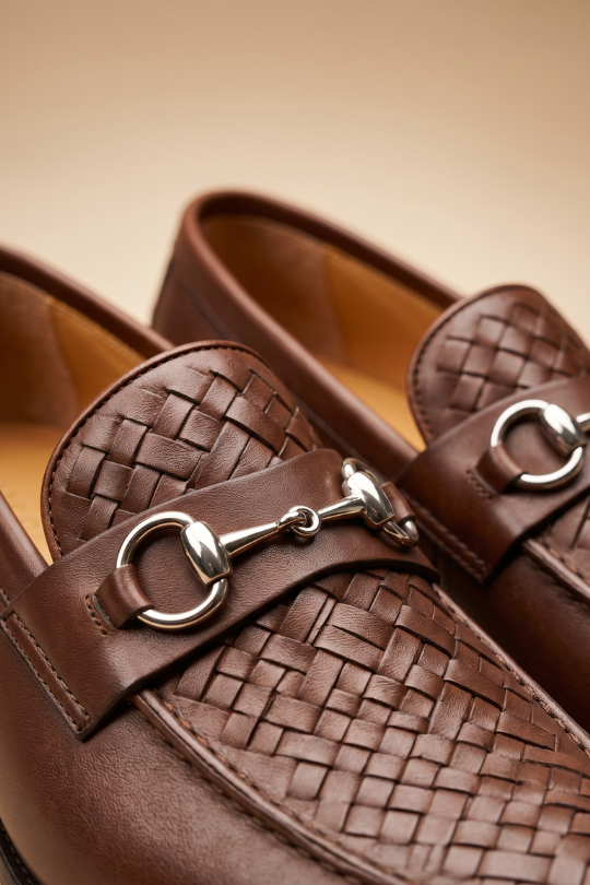 Tan Weave Buckle Loafers