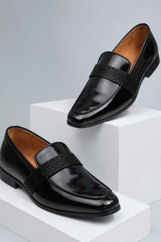 Black Embellished Strap Loafers