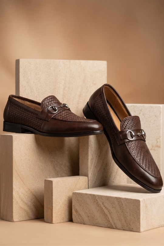 Tan Weave Buckle Loafers