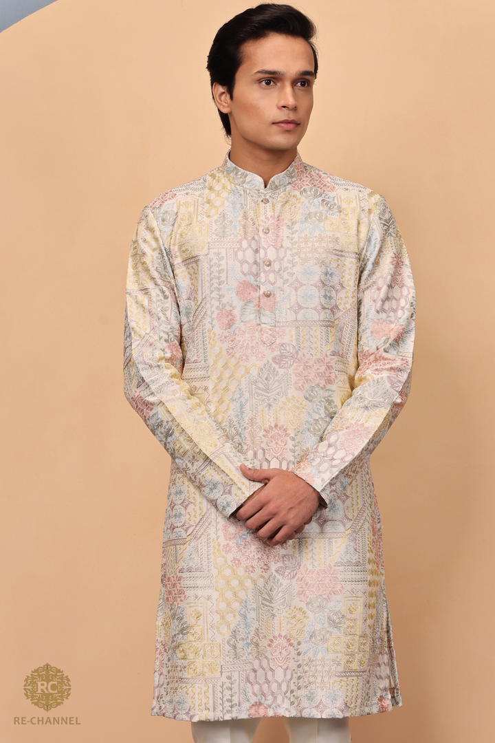 Off White Silk Abstract Thread Work Kurta Set