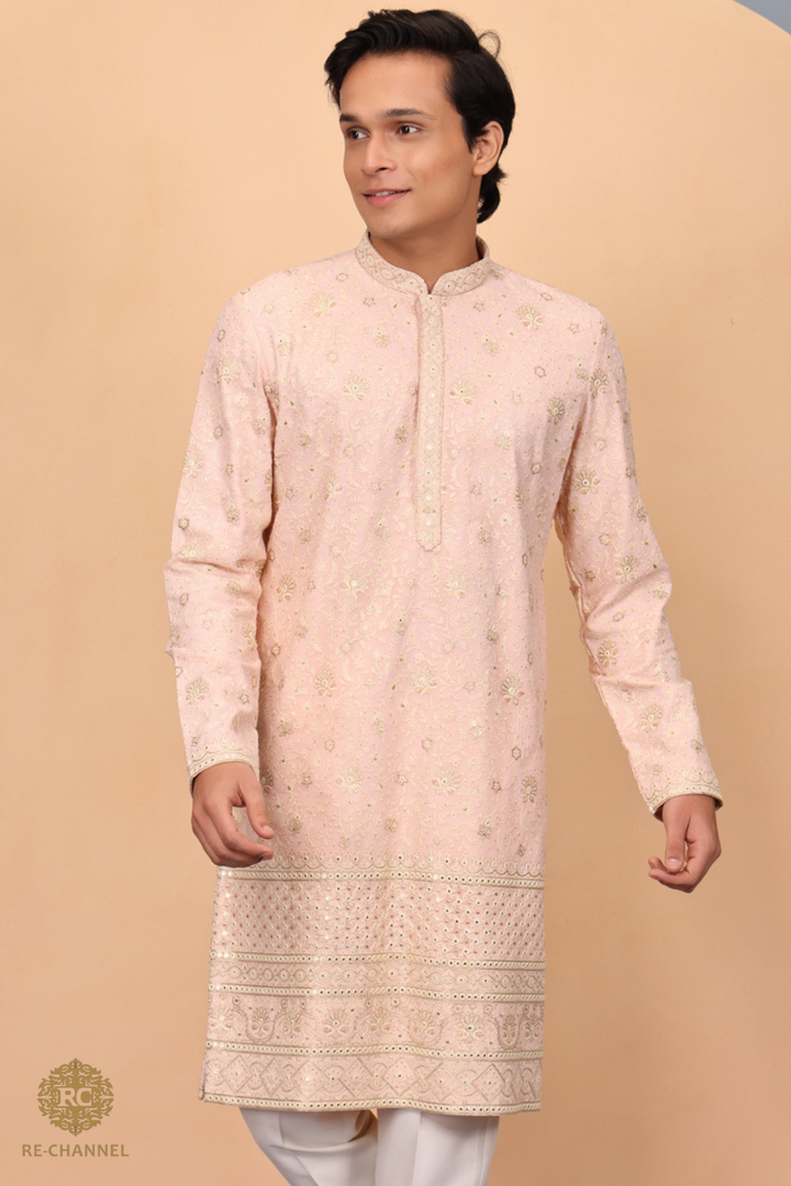 Peach Georgette kurta in chikankari and zari work