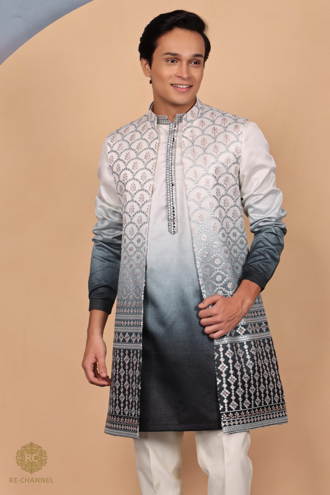 Ombre white and black open jacket kurta