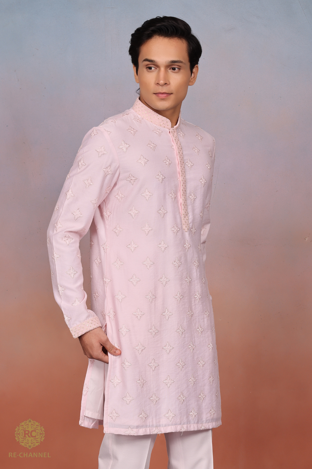 Light Pink Silk kurta set with resham & sequin work