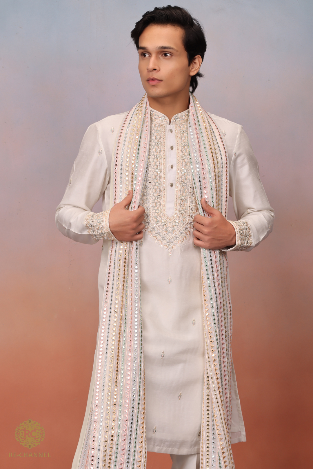 White silk mirror work kurta dupatta set