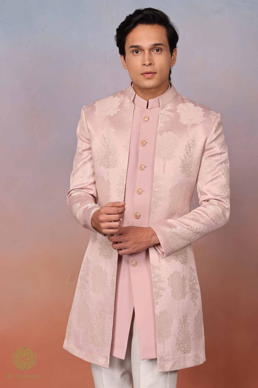 Light Pink Indo-Western in Jacquard