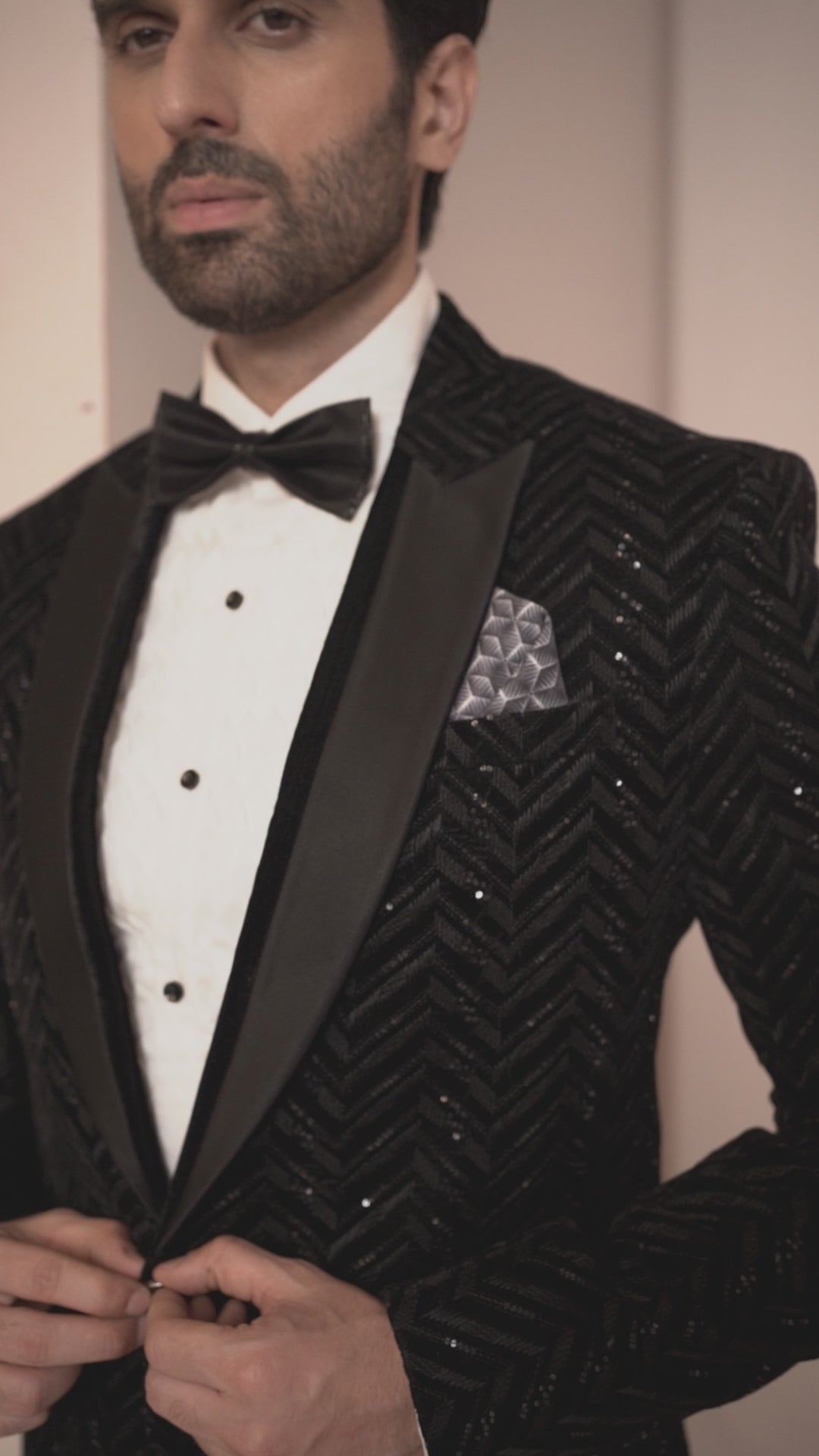 Black Velvet Suit in Chevron Patterned Embellishments