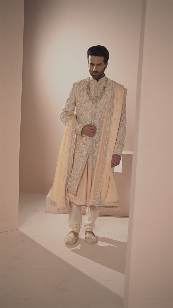 Light Gold Silk Sherwani in Symmetric Motifs