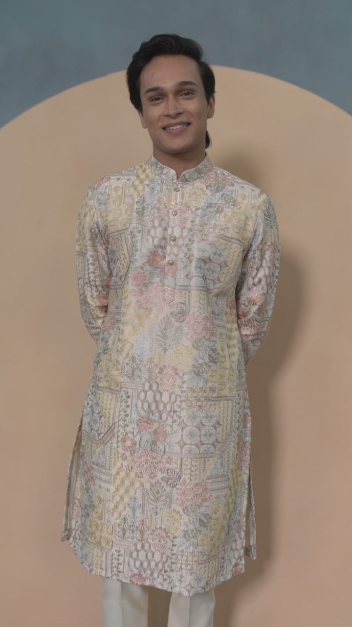 Off White Silk Abstract Thread Work Kurta Set