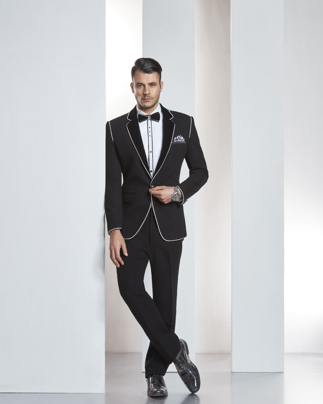 Classic Black Suit with Contrast Piping Detail