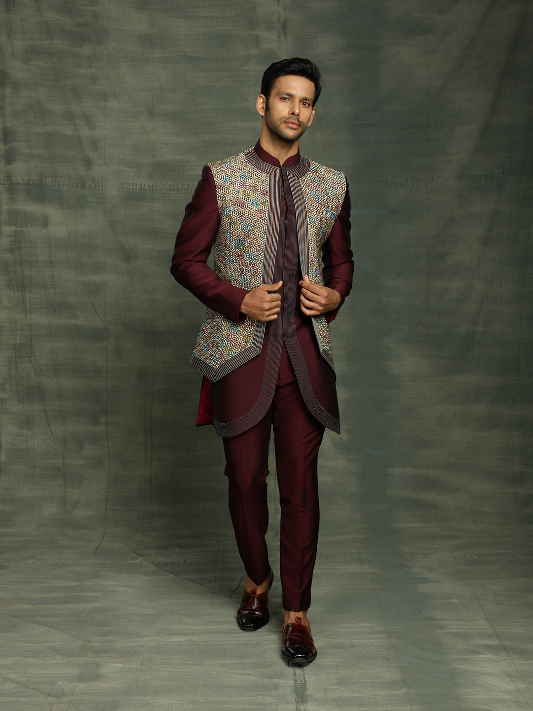 Aesthetic Dark Brown Mens Imported Indo-Western Style