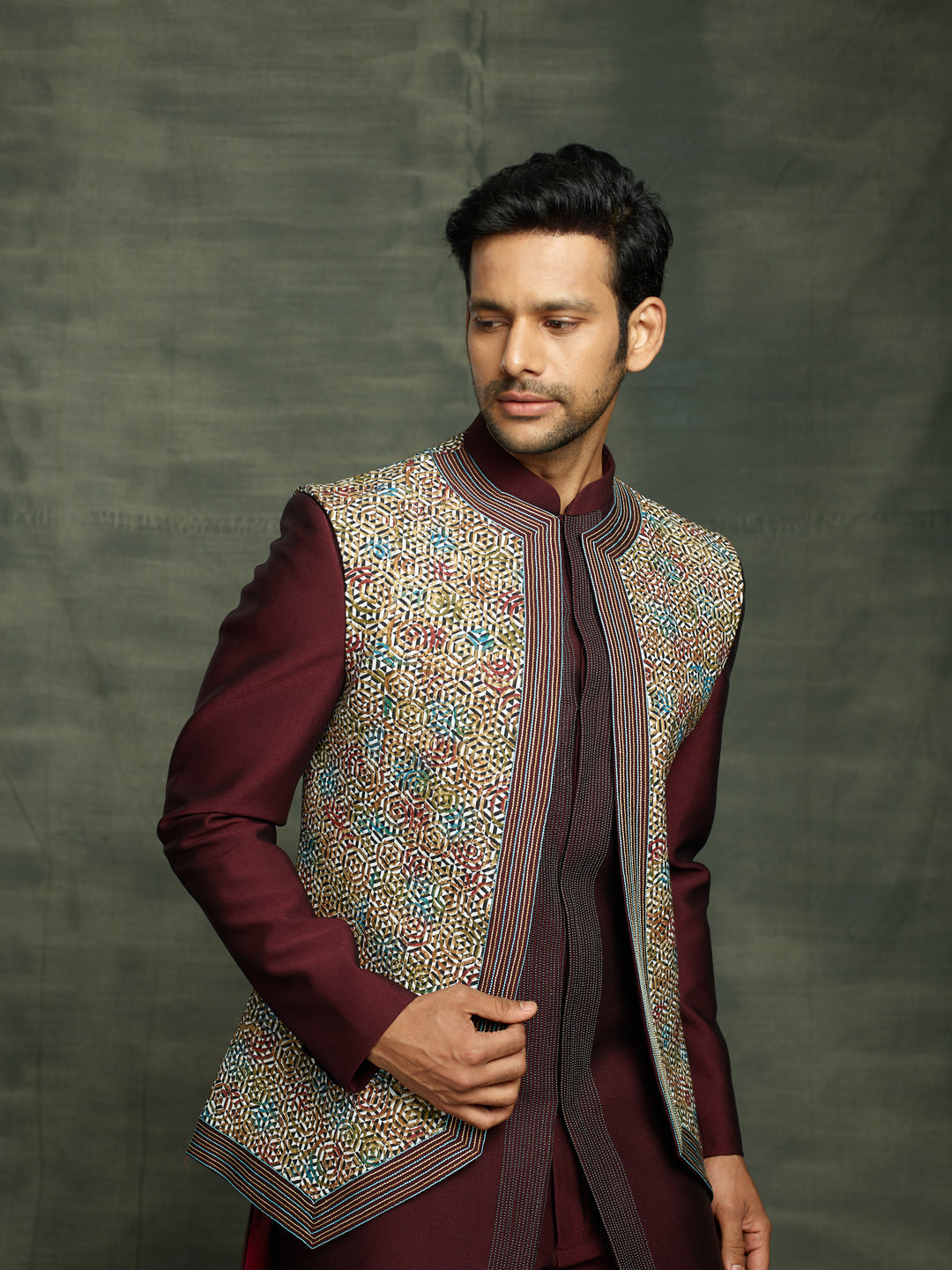 Aesthetic Dark Brown Mens Imported Indo-Western Style