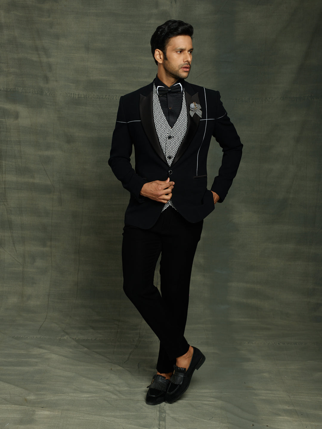 black suit with stylish waist coat.