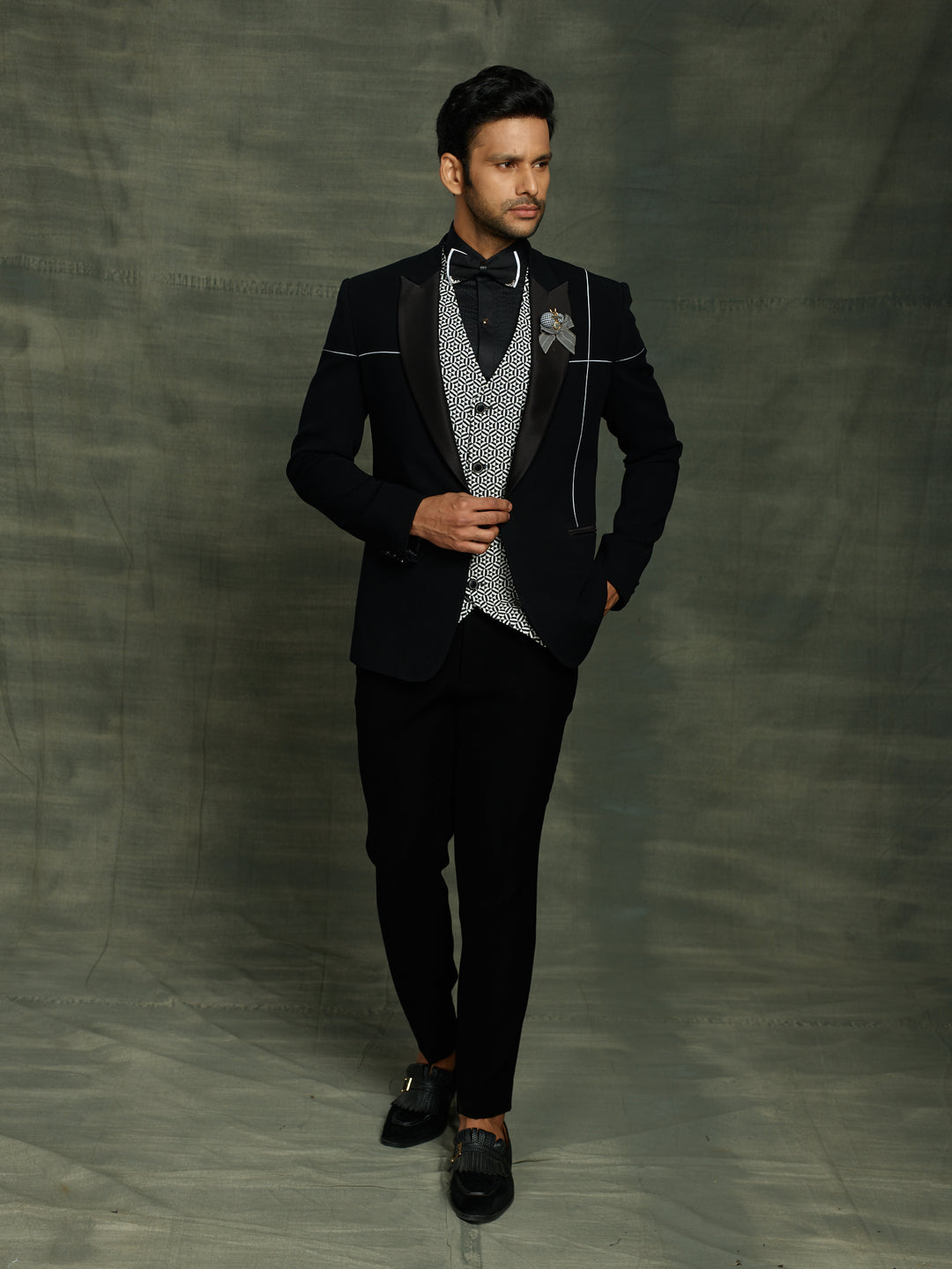 black suit with stylish waist coat.