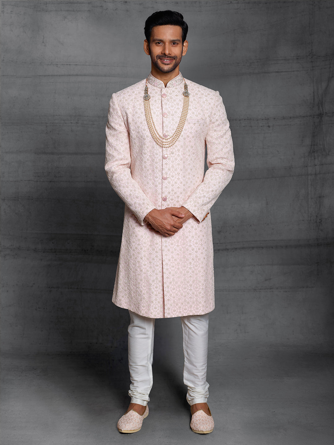 Sherwani in net based fabric in pink color