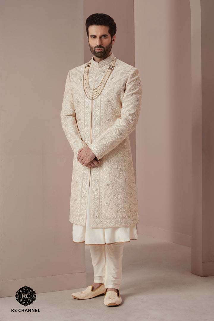 Light Peach Silk Sherwani in Elaborate floral work