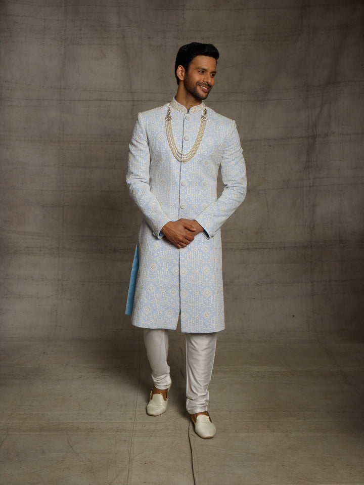 Light blue lakhnavi sherwani.