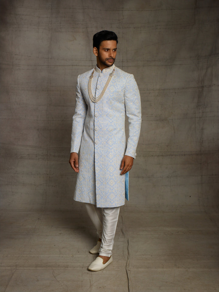 Light blue lakhnavi sherwani.