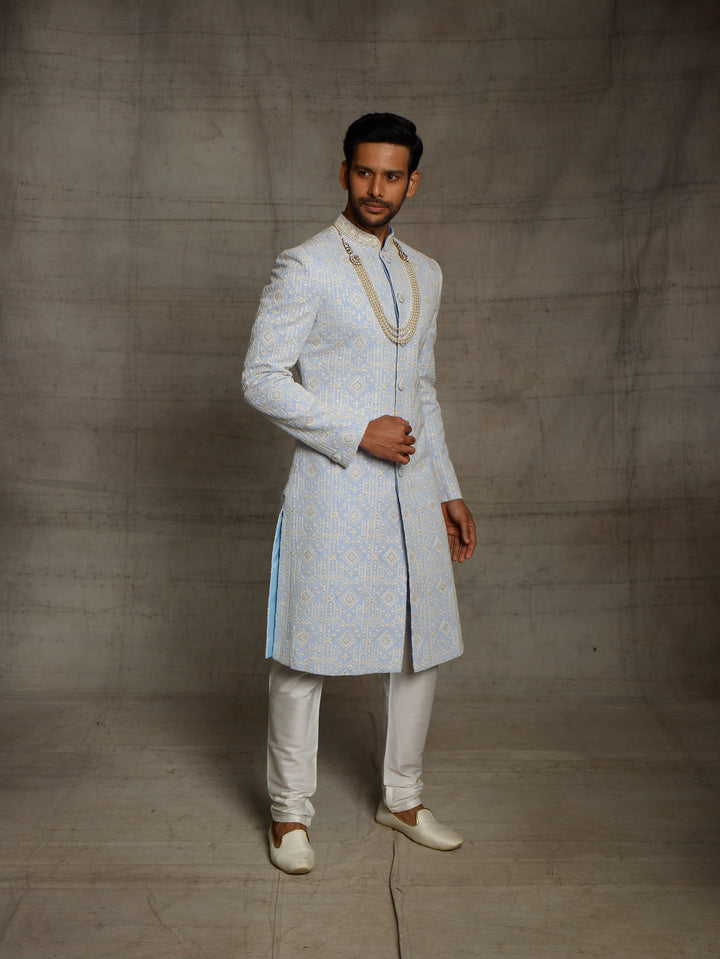 Light blue lakhnavi sherwani.